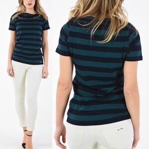 BURBERRY Brit AWNING STRIPED BATEAU NECKLINE teal & navy T-SHIRT studded top